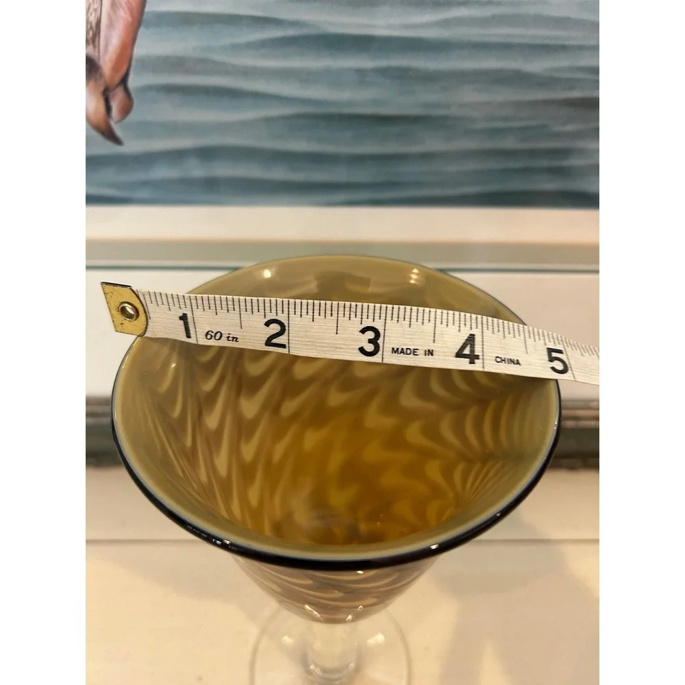 Art Glass Wine Goblet Amber Brown Pulled Feather Festooned Hand Blown 8.5